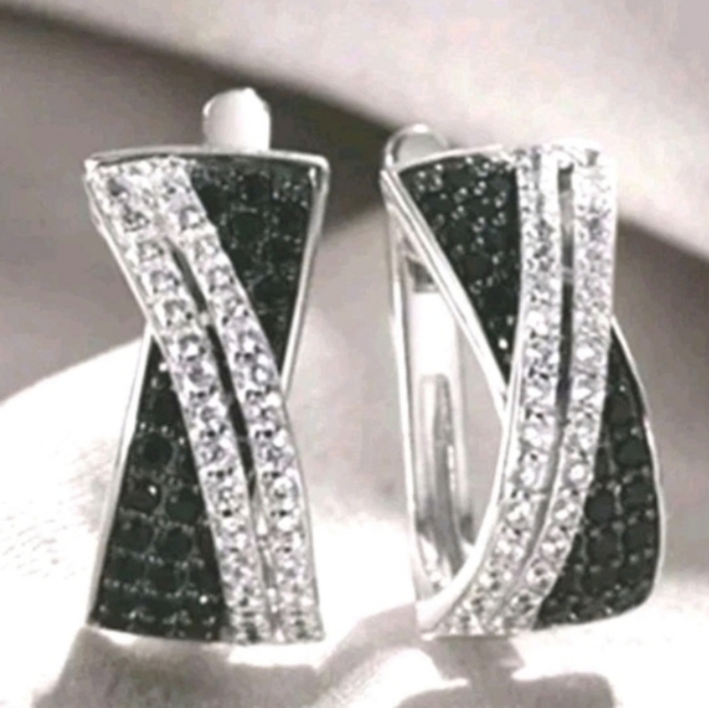 Lab Created Black Diamond Cluster Crossover Hoop Earrings 14k White Gold Plated - Picture 3 of 16